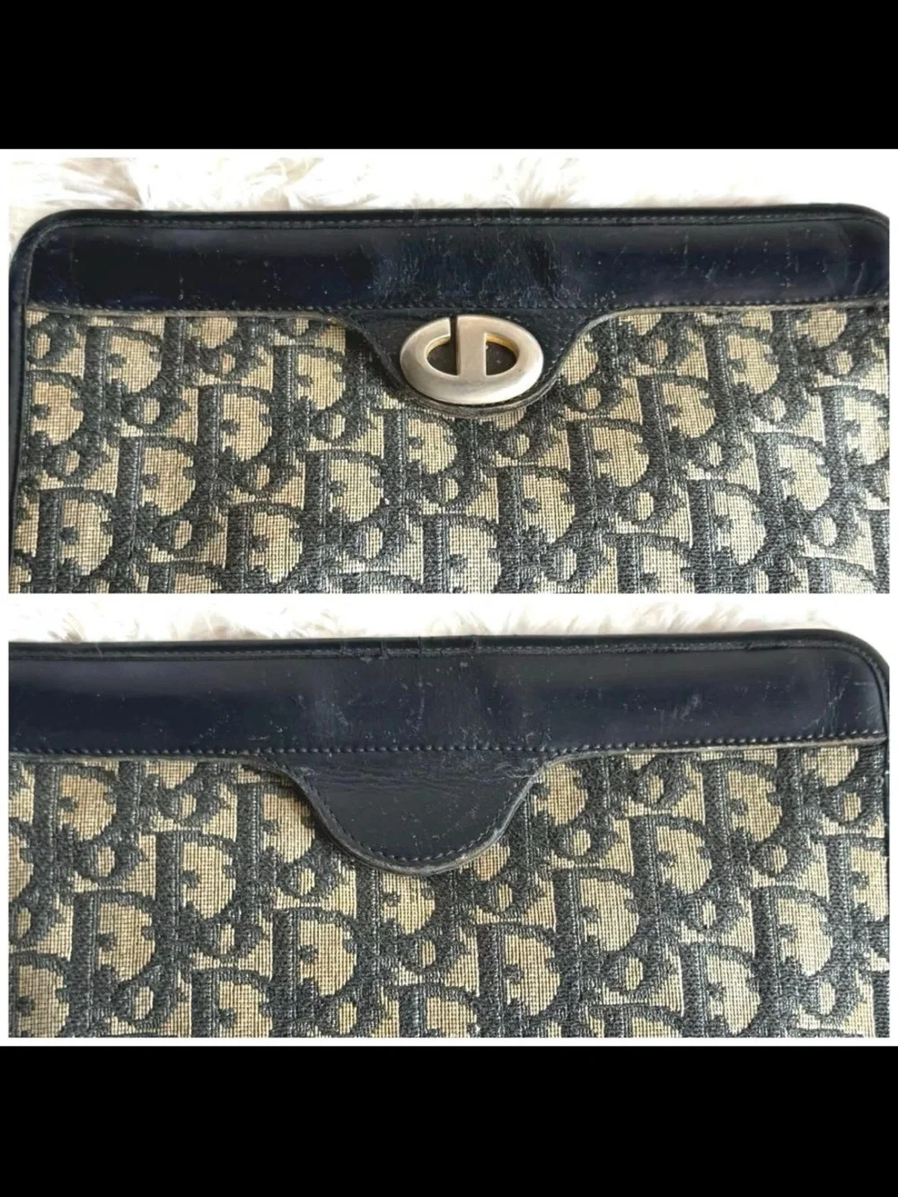 Dior Navy Canvas and Black Leather Clutch